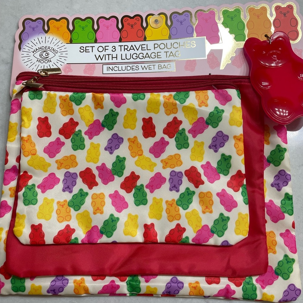 Travel Pouches-Set of Three w/Wet Bag and Luggage Tag-Multi Colored